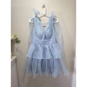 Light Blue Tiered Ruffle Organza Mini Dress Pleated V-Neck Homecoming Prom